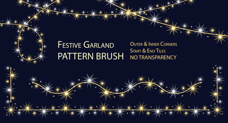 Pattern seamless brush with festive garland like sparkler. White and light yellow glowing sparkles, stars on wire strings. Full completed brush with corners, start and end tiles. No transparency