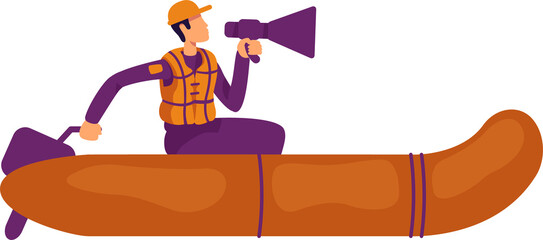 Poster - Rescuer sitting in lifeboat semi flat color  raster character. Disaster volunteer. Posing figure. Full body person on white. Simple cartoon style illustration for web graphic design and animation
