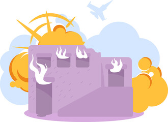 Poster - Bombing house with missile semi flat color  raster object. Rocket attack. Strike aircraft. Full sized item on white. Simple cartoon style illustration for web graphic design and animation