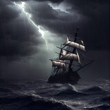 A pirate ship on the high seas during a storm. An old ancient pirate galleon. 3d rendering