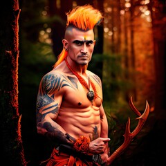 Wall Mural - Portrait of an ancient warrior preparing for a hunt in the woods. 3D rendering