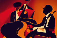 Digital Illustration Featuring A Jazz Musician Playing With A Partner In An Art Deco Abstract Graphic Artwork. Jazz Players In A Charismatic Vintage Illustration At A Performance. Dramatic Wallpaper