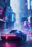 Image of a futuristic car against the backdrop of the city of the future. Concept of the car of the future. 3D rendering