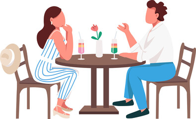 Poster - Couple drinking tropical cocktails together semi flat color raster characters. Sitting figures. Full body people on white. Simple cartoon style illustration for web graphic design and animation