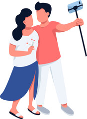 Canvas Print - Boy with girl holding selfie stick for making photo semi flat color raster characters. Posing figures. Full body people on white. Simple cartoon style illustration for web graphic design and animation