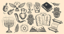  Jewish Holiday Object Signs Collection. Menorah, Torah Scroll, Dreidel, David Star, Hamsa Symbols. Vector Illustration