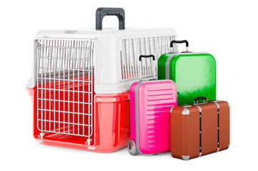 Poster - pet travel plastic cage with suitcases. 3d rendering