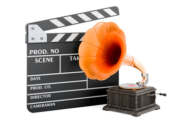 Poster - Retro movie concept. Clapperboard with vintage gramophone, 3D rendering