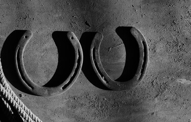 Sticker - Old horseshoes for equine western industry in black and white with old texture wood background.