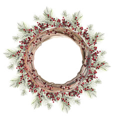 Poster - Round wreath of willow twigs, pine branches and red berries