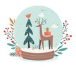 Merry Christmas and Happy New Year concept. Christmas winter glass Snowball with Christmas Tree and reindeer with gift boxes. Vector illustration