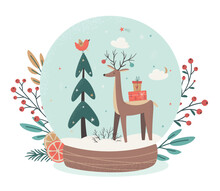 Merry Christmas And Happy New Year Concept. Christmas Winter Glass Snowball With Christmas Tree And Reindeer With Gift Boxes. Vector Illustration
