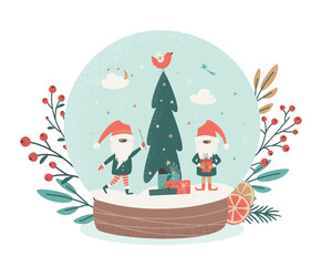 merry christmas and happy new year concept. christmas winter glass snowball with christmas tree and 