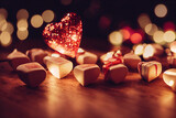 Valentine's day romantic scene with chocolates on dark wooden table against bokeh lights background