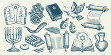 Jewish Religious Items Set. Torah Scroll, Menorah, Tablets, Miriam Hand. Religion Concept Vintage Vector Illustration