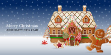 Christmas Background With Gingerbread Man And Gingerbread  House.  Christmas Card With Gingerbread Cookies