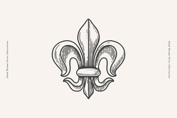 Royal lily flower in engraving style. Fleur de lis on a light isolated background. Heraldic symbol of royalty. Vintage vector illustration.