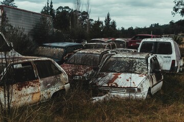 Sticker - Closeup of old rustic cars cemetary