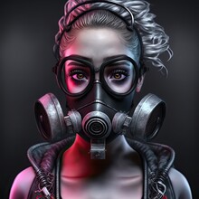 Beautiful Woman In Gas Mask. Attractive 3d Render Model Of Cyberpunk Future Model Character Isolated On Black Background.