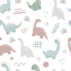 Vector hand drawn seamless pattern with dinosaurs and doodles, dots, spots and rainbow. Modern childish design for wallpaper, textile, gift paper.