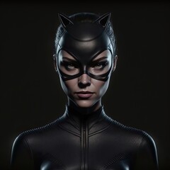 Wall Mural - Portrait of a cat girl cat woman in black latex suit and mask. 3d render character isolated on black background.