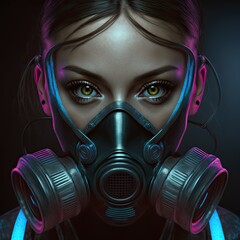 Wall Mural - Beautiful woman in gas mask. Cyberpunk character isolated on black background.