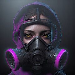 Wall Mural - Beautiful woman in gas mask. Attractive 3d render model of cyberpunk future model character isolated on black background.