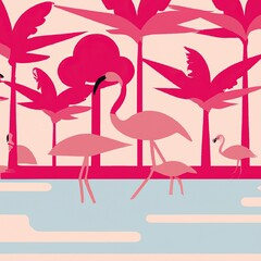 Wall Mural - Abstract Wallpaper vintage jungle pattern with birds flamingo in forest trees on the lake with pinky background, illustration, digital art