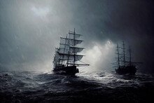 Sailing Ships Near An Iceberg With Turbulent Sky