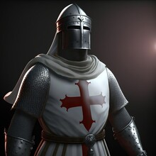 Medieval Templar Crusader Knight In Full Armor 3d Render. Character Design Portrait. Isolated On Black Background.