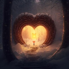 Wall Mural - dream flower Heart-shaped portal in the winter forest,cinematic warm color. Generative AI Technology	