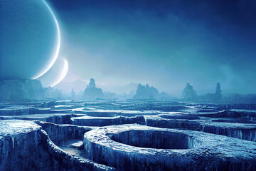 Alien planet with frozen ice rocks under the night sky with glowing and shining moon sphere