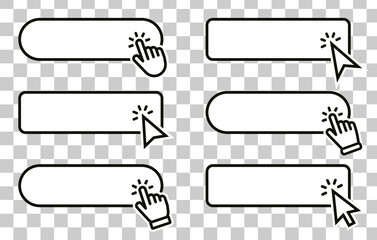 Leinwandbilder - Click cursor set button with hand pointer clicking. Click here web button sign. Isolated website buy or register bar icon with hand finger arrow clicking cursor – stock vector. Vector illustration