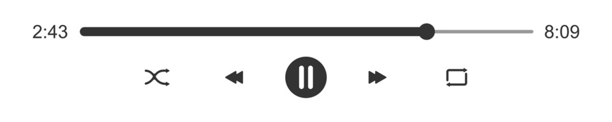 Media player loading bar with time slider, buttons pause, shuffle, repeat, rewind and fast forward. Elements of video or audio player playback panel interface. Vector graphic illustration