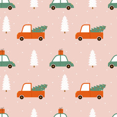 Christmas seamless pattern with cars, fir trees and gifts on a pink background.