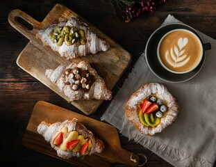 Sticker - Top shot of gourmet croissants with powdered sugar and cream near a latte