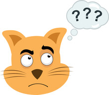 Vector Illustration Of The Face Of A Cartoon Cat With A Thinking Or Doubtful Expression, With A Thought Cloud With Question Marks