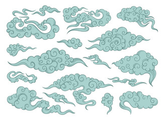 Set of hand drawn clouds in oriental style. Stickers with blue clouds with waves and dark outline. Japanese design elements for logos. Cartoon flat vector collection isolated on white background