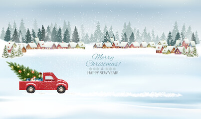 Poster - Festive Christmas background with a winter village, snow-covered fir trees and a red car is driving a Christmas tree for a  holiday. Winter illustration, banner, card