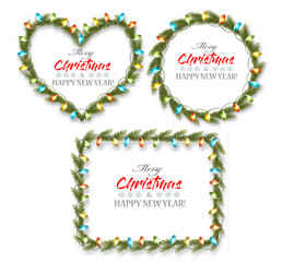 Aufkleber - Christmas tree branches and garland with colorful light bulbs the shape of a heart and a ring and rectangle. Transparent decorative garland. Xmas light border effect. Holiday decor element.  Vector.