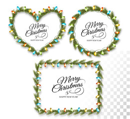 Aufkleber - Christmas tree branches and garland with colorful light bulbs the shape of a heart and a ring and rectangle. Transparent decorative garland. Xmas light border effect. Holiday decor element.  Vector.