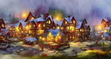 I Am Looking At A Picture Of Santa Claus Village. It Is A Idyllic Scene With Charming Cottages And Shops Nestled In Snow Covered Hills. In The Center Of The Village Is A Large Christmas Tree That Appe