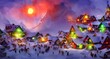 The sky is a deep blue and the snow is a pristine white. The houses in Santa Claus village are all gingerbread with candy canes for fences. There is a big red workshop where elves are busy making toys