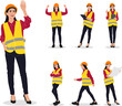 Hand-drawn set of female workers with helmets and vests. Vector flat style illustration isolated on white. Full length view