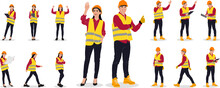 Hand-drawn Set Of Male And Female Workers With Helmets And Vests. Workers In Different Poses. Vector Flat Style Illustration Isolated On White. Full Length View