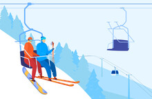 Winter Recreation Skiing, Mountain Lift, Snow Around, Outdoor Sports, Season Cold, Design, In Cartoon Style Vector Illustration.