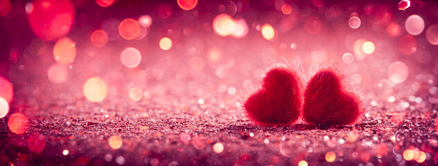 Wall Mural - two fuzzy red hearts on glitter with shiny bokeh lights in background - happy valentine's day