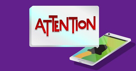 Poster - Attention Text on notification bubble from portable information device screen. Mobile app message, connection, communication concept. Animated video.