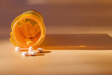 Pills in plastic orange bottle close-up, prescribed medication