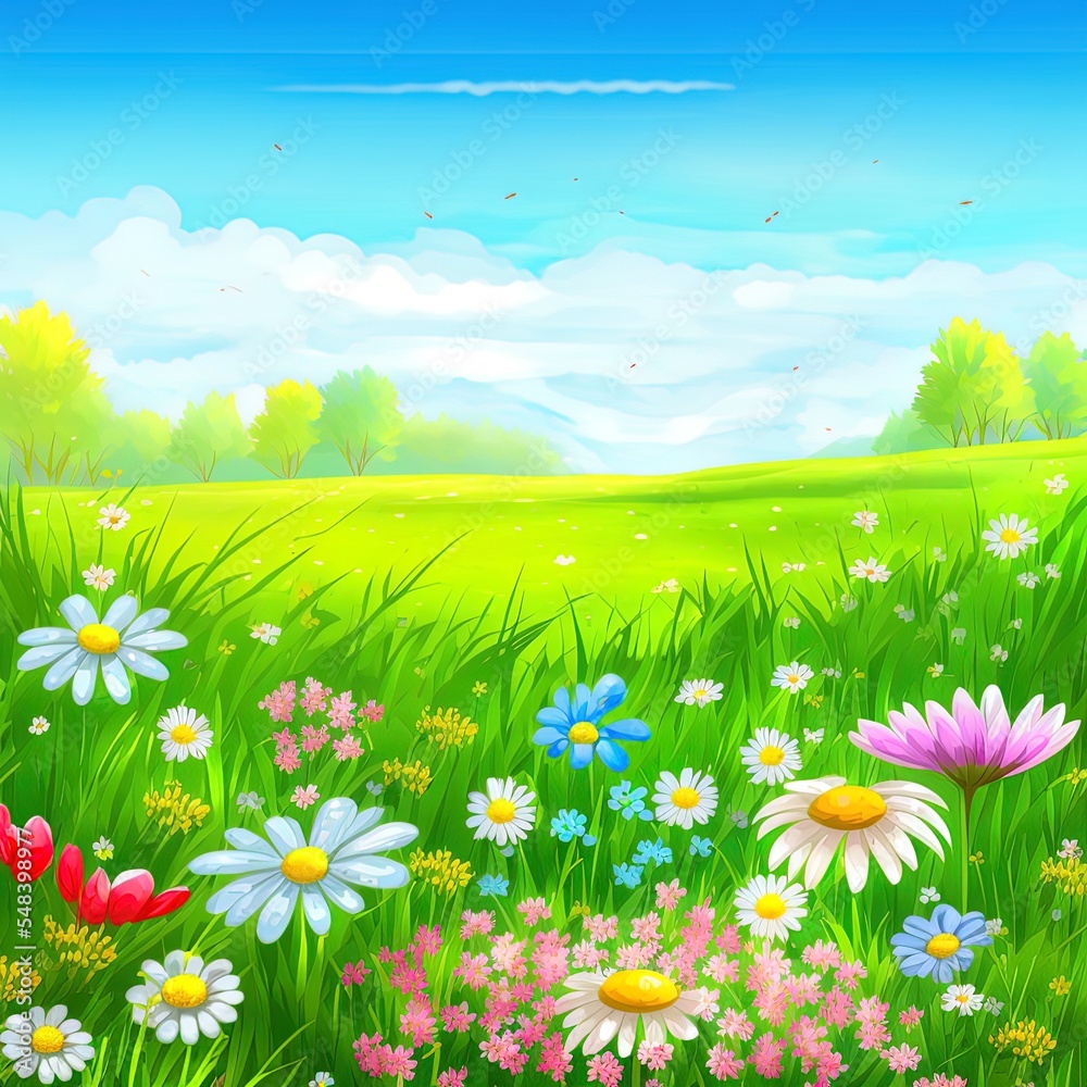 Nature background with flower field and green grass Stock Illustration ...